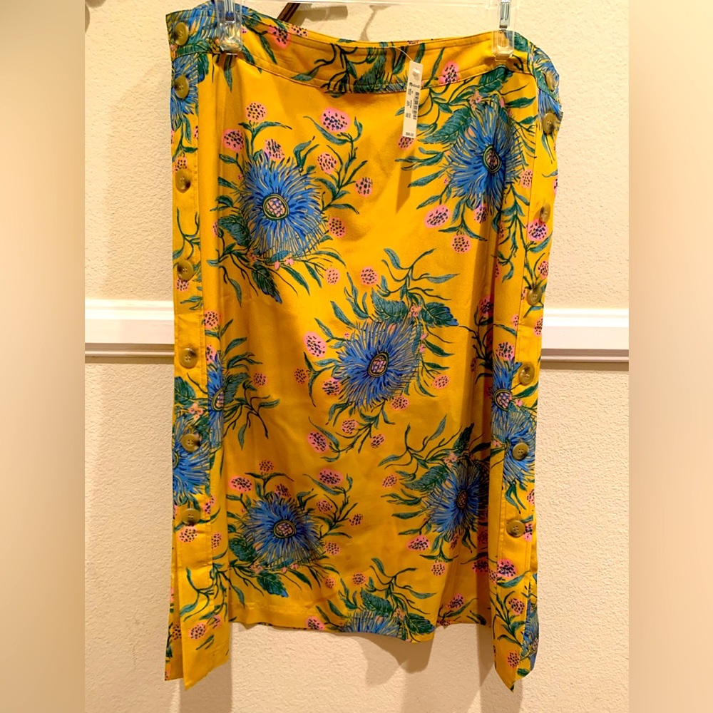 NWT Madewell 💯% Silk Yellow & Blue Floral Midi Skirt Side Slits with Buttons 10 - Picture 1 of 6